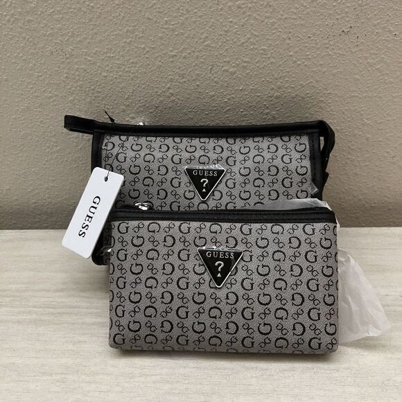 GUESS BLACK LOGO COSMETIC JUNCTION TRAVEL MAKE UP CASES Set Of 2 - Picture 1 of 9